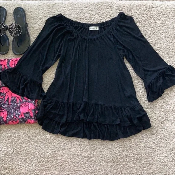 Black Off the Shoulder Ruffle Sleeve Top - Picture 3 of 8